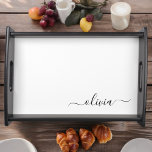 Plateau Noir Blanc moderne Script Girl Monogramme Nom<br><div class="desc">Noir et blanc Simple Script Monogramme Nom Plateau de service de place. Cela fait le cadeau parfait de remise de diplômes,  anniversaire,  mariage,  douche nuptiale,  anniversaire,  baby shower ou bachelorette pour quelqu'un qui aime le luxe glam et les styles chic.</div>