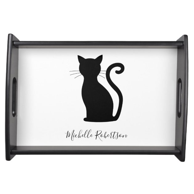 Plateau Noir Chat Silhouette Noir et Blanc Nom mignon Zazzle.fr