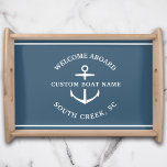 Plateau Nom de bateau personnalisé moderne Bienvenue à bor<br><div class="desc">Plateau nautique en bleu poussiéreux vintage rétro "bienvenue à bord" ainsi que votre nom et emplacement de bateau personnalisé.</div>