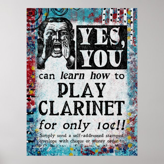 Play Clarinet Poster - Drôle Annonce Vintage (Devant)