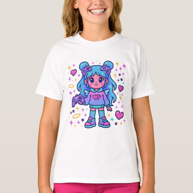 Playera Kawaii Blue Gamer – Cute Magical T-shirt (Devant)