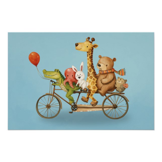 Playful Animal Friends on Bike Illustration Poster (Devant)