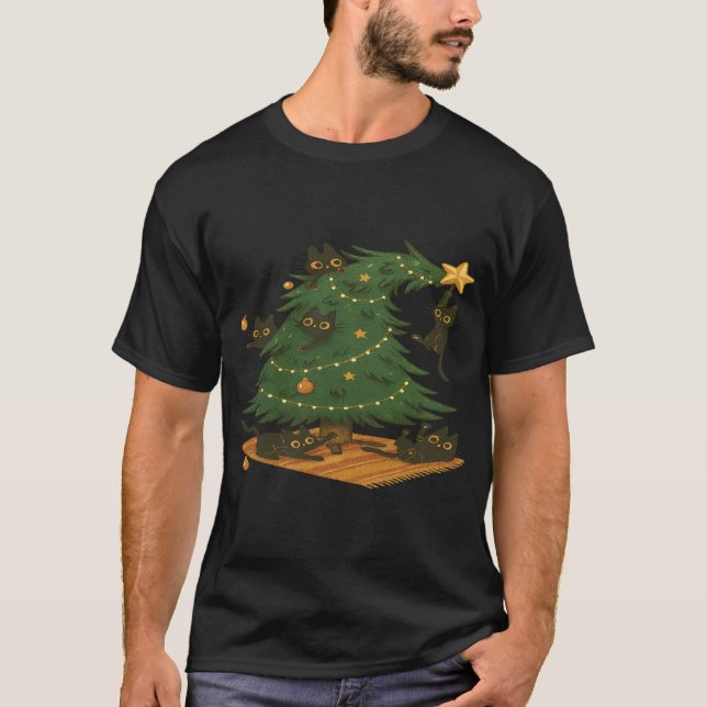 Playful Black Cats Wrecking Christmas Tree T-Shirt (Devant)
