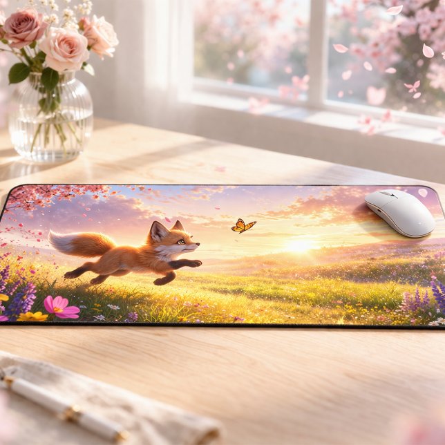 Playful Fox Cubs in Spring Blossom Meadow (Foxi Desk Series - Running Fox & Butterfly Gaming Pad)
