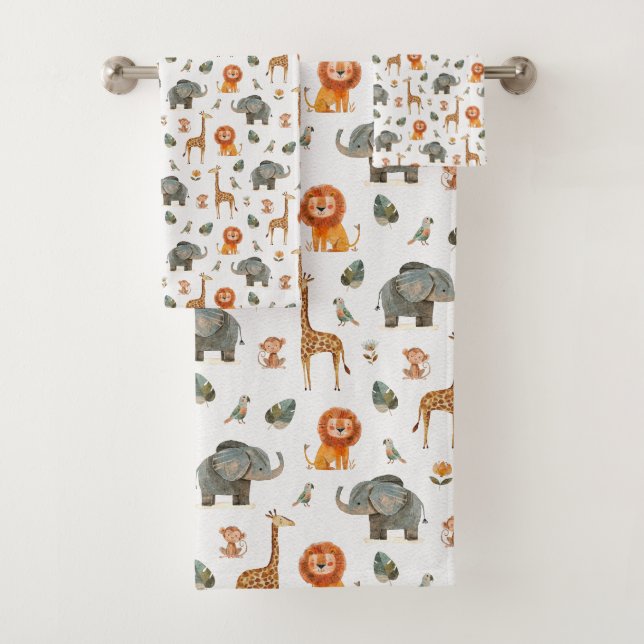 Playful Watercolour Safari Animals Bath Towel Set (En situation)
