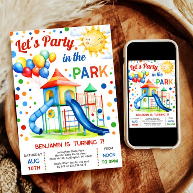 Playground Anniversaire Invitation - Fête dans le  (Celebrate with our Party in the Park invitation, perfect for a boy's outdoor playground birthday.)