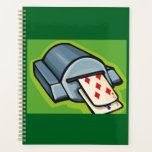 Playing Card Dealer Machine Poker and Casino<br><div class="desc">Organize your winning strategies and daily tasks with this creative spiral planner featuring a cartoon card dealer machine on the cover. This professional notebook showcases a mechanical shuffler dispensing a five of diamonds in a crisp and modern vector illustration. It is an ideal gift for poker enthusiasts, professional dealers, or...</div>