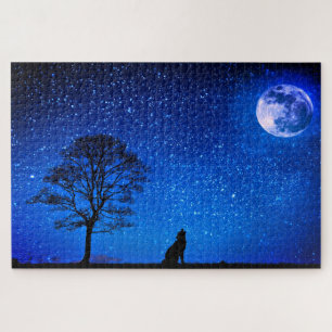 Plein Wolf Moon Puzzle étoile bleu nuit ciel