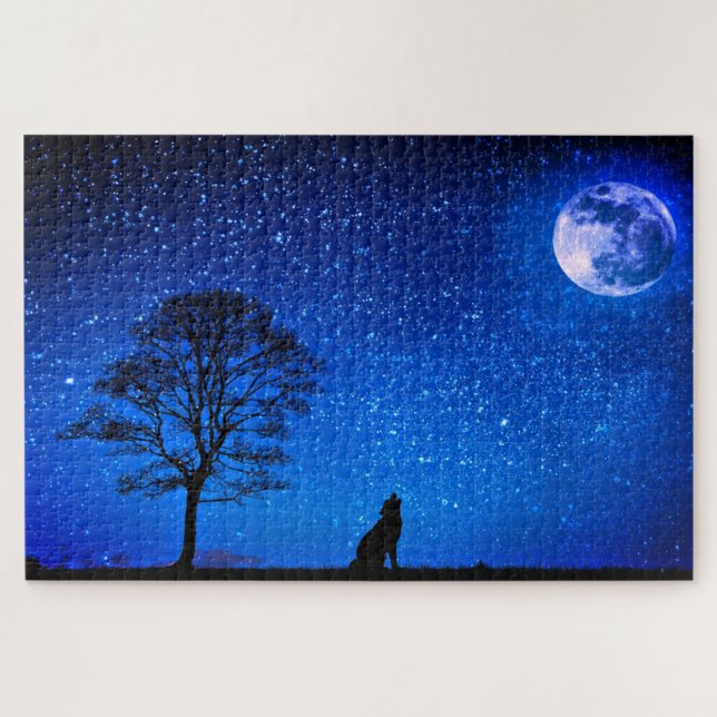 Plein Wolf Moon Puzzle étoile bleu nuit ciel (Horizontal)
