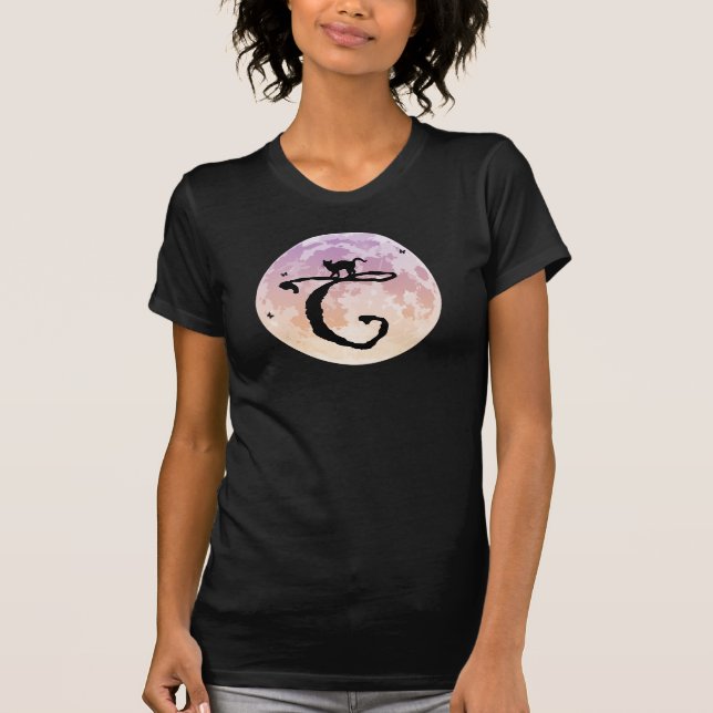 Pleine lune et chat C Monogramme initial T-shirt (Devant)