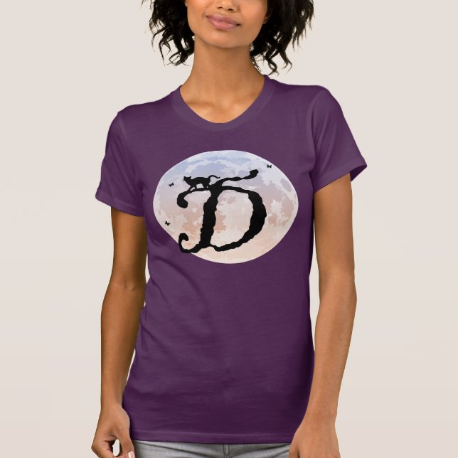 Pleine lune et chat D Monogramme initial T-shirt (Devant)