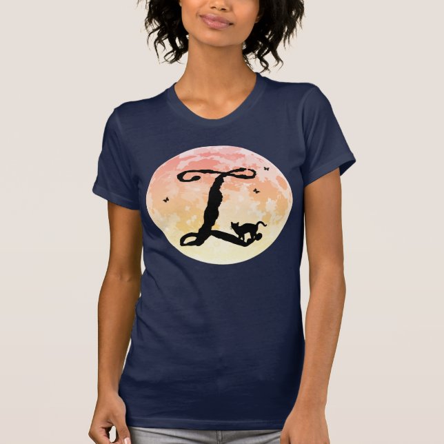 Pleine lune et chat L Monogramme initial T-shirt (Devant)