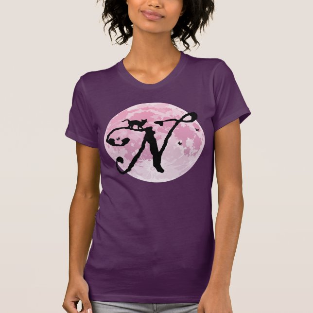 Pleine lune et chat N Monogramme initial T-shirt (Devant)