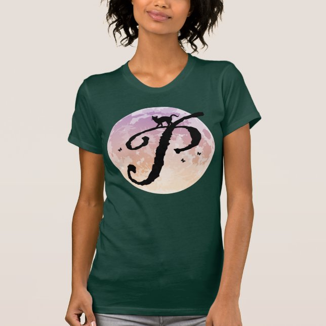 Pleine lune et chat P Monogramme initial T-shirt (Devant)