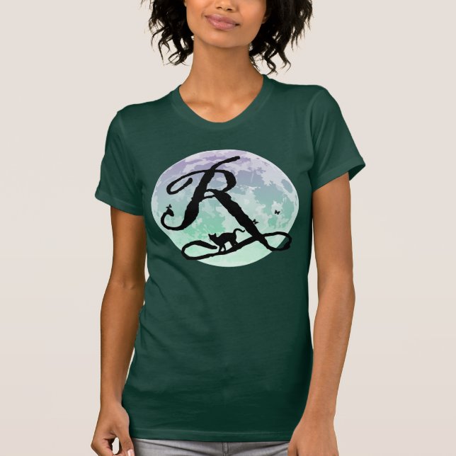 Pleine lune et chat R Monogramme initial T-shirt (Devant)