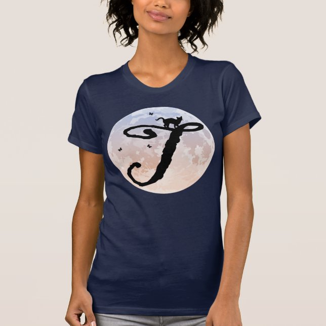 Pleine lune et chat T Monogramme initial T-shirt (Devant)