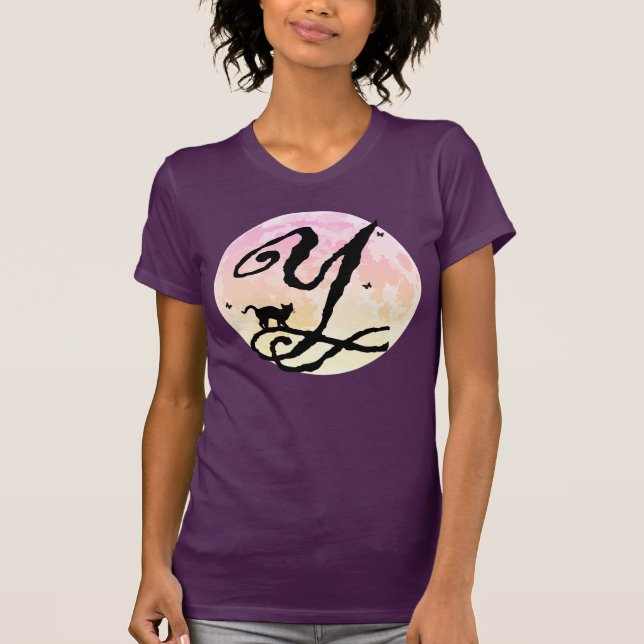 Pleine lune et chat Y Monogramme initial T-shirt (Devant)