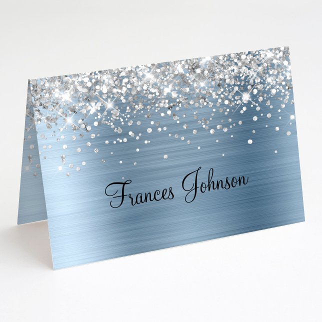 Pliez Vos Cartes de Table en Paillettes Argentées  (Fold Your Own Silver Glitter Blue Foil Place Cards)