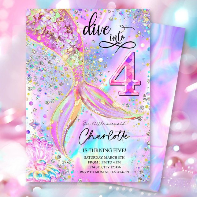 Plongez dans quatre 4 Ans Mermaid Invitation Edi (Créateur téléchargé)