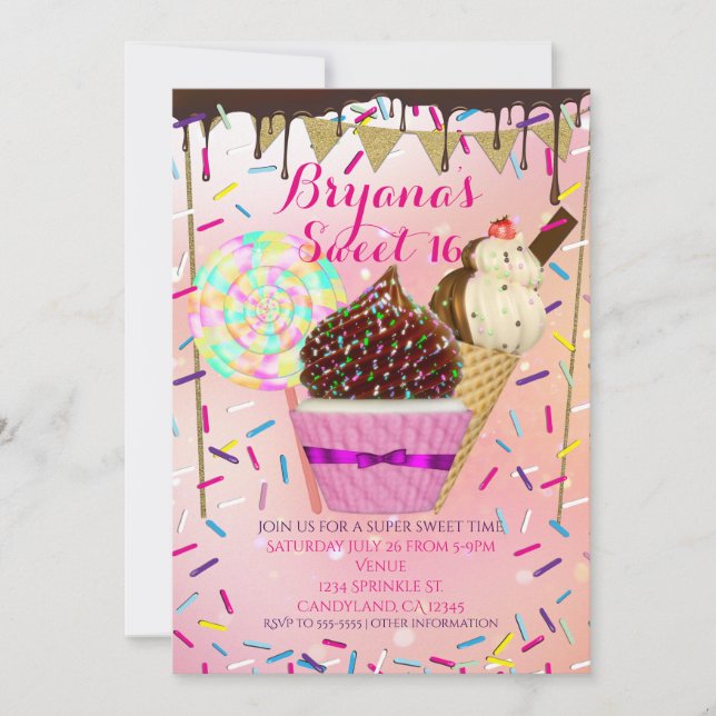 Pluie Arroses Candy Land Sweet 16 invitations (Devant)