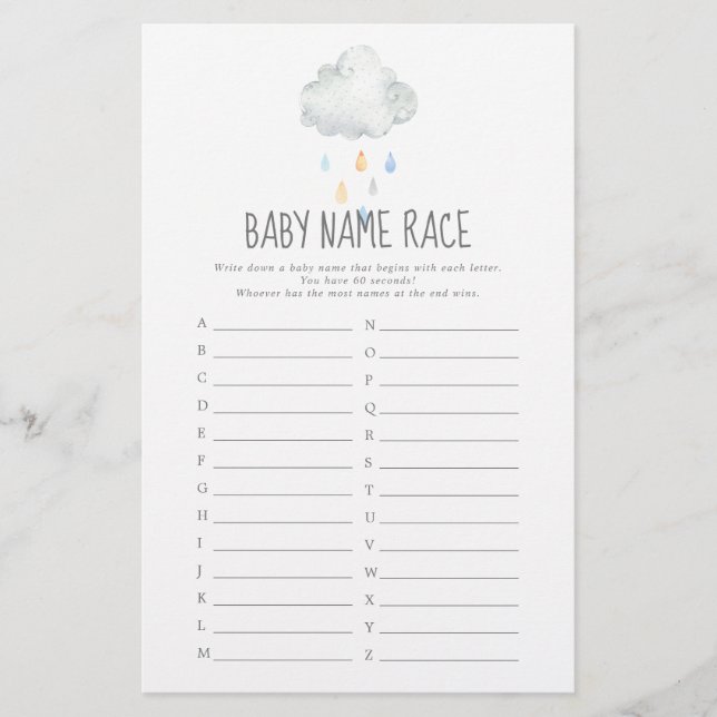 Pluie Cloud Garçon Baby shower Baby Nom Course Jeu (Devant)