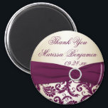 Plum and Champagne Damask Wedding Favor Magnet<br><div class="desc">This plum and champagne damask thank you wedding favor magnet has a faux  ribbon and jewels. It matches the wedding invitation shown below. If there are any other matching items you require,  please email your request to niteowlstudio@gmail.com.</div>