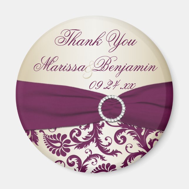 Plum and Champagne Damask Wedding Favor Magnet (Devant)