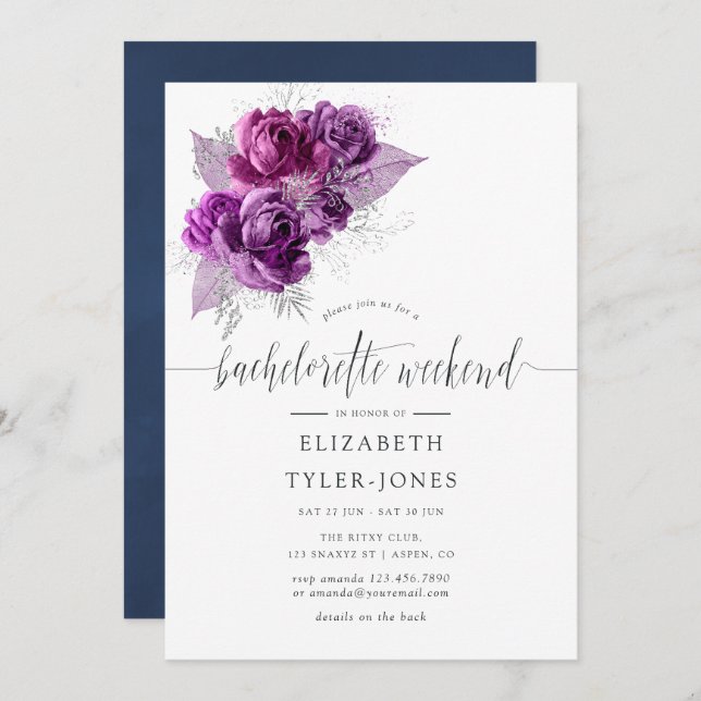 Plum and Navy Floral Bachelorette Invitation du we (Devant / Derrière)