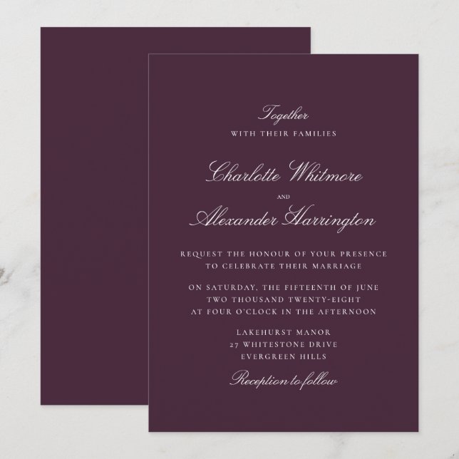 Plum Automne Hiver Élégant Mariage Invitation (Devant / Derrière)