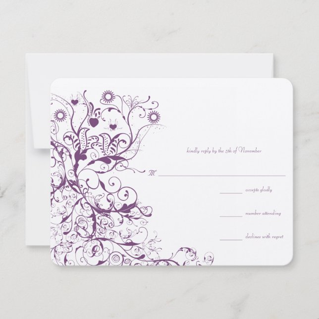 Plum Birds & Swirls Wedding RSVP Response Cartes (Devant)