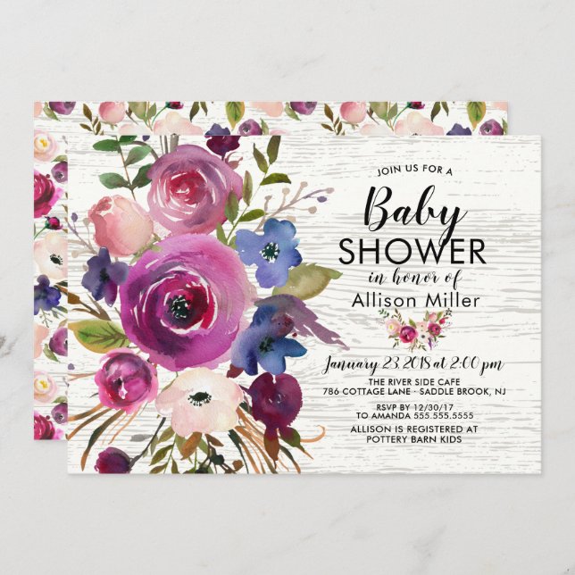 Plum bleu rustique Floral BÉBÉ Douche Invitations (Devant / Derrière)