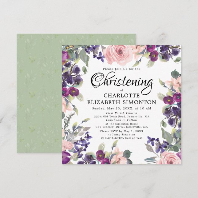 Plum Blush Floral Carré Christening Invitations (Devant / Derrière)