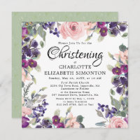 Plum Blush Floral Carré Christening Invitations