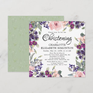 Plum Blush Floral Carré Christening Invitations