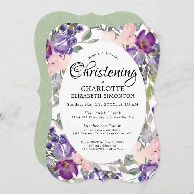 Plum Blush Floral Christening Invitations (Devant / Derrière)