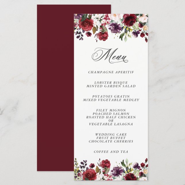 Plum bordeaux romantique et menu floral (Devant / Derrière)