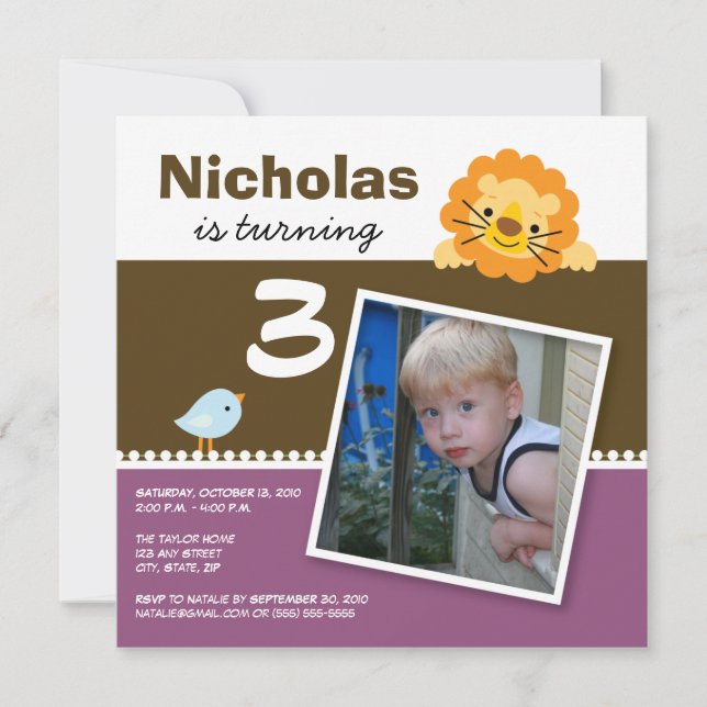 Plum Custom Lion & Birdie Anniversaire Invitation  (Devant)