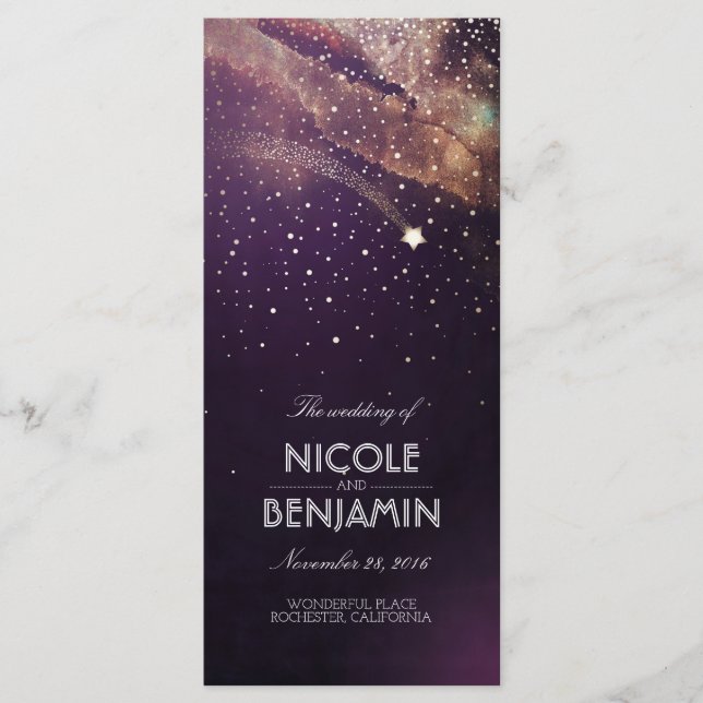 Plum et Gold Shooting Star Night Wedding Programme (Devant)