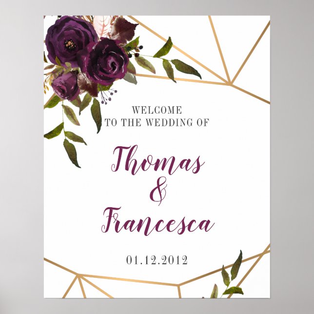 Plum Floral Faux Or Affiche de bienvenue géométriq (Devant)