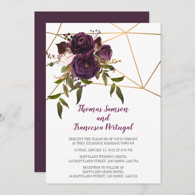 Plum Floral Faux Or Faire-part de mariage géométri (Devant / Derrière)