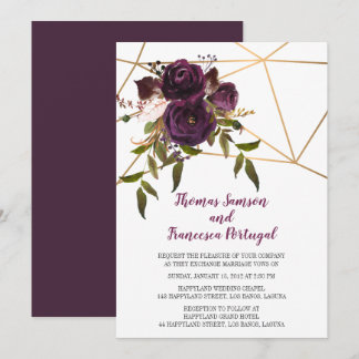 Plum Floral Faux Or Faire-part de mariage géométri