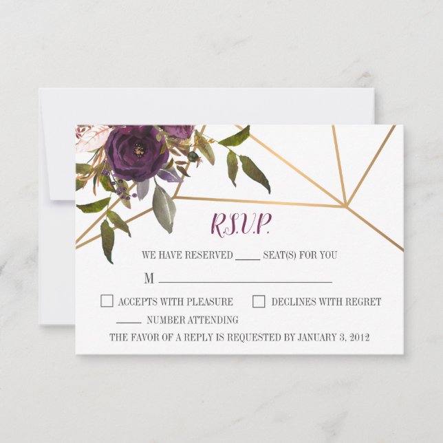 Plum Floral Faux Or Mariage géométrique carte RSVP (Devant)