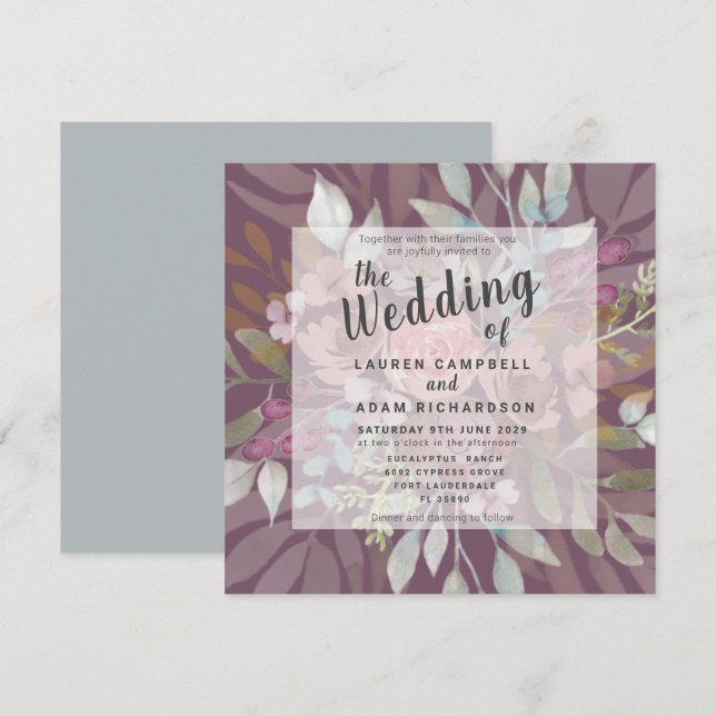 Plum floral rustique Faire-part de mariage pourpre (Devant / Derrière)
