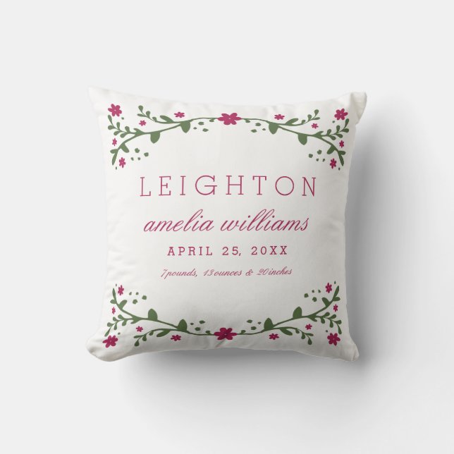 Plum Florals Baby Birth Information Coussin (Recto)