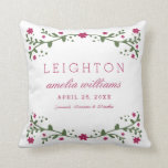 Plum Florals Baby Birth Information Coussin<br><div class="desc">Design floral élégant en prune et vert encadre votre texte personnalisé. Un cadeau parfait pour le nouveau décor de pépinière de bébé et un souvenir à dernier pendant des années!</div>