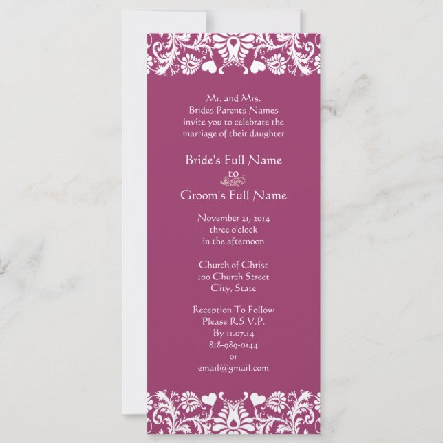 Plum Heart Romantique Mariage damassé Invitations (Devant)