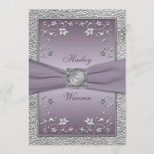 Plum, Pewter Floral Monogrammed Wedding Invitation