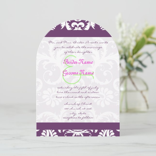 Plum Pink Lime Damask Swirl Wedding Invitations (Debout devant)