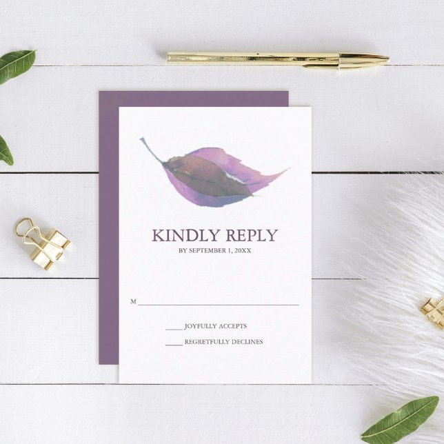 Plum Purple Aquarelle Automne Leaf Mariage RSVP (rsvp card dusty plum purple wedding minimalistic leaf )