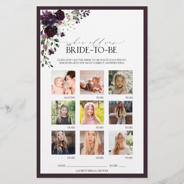 Plum Purple Aquarelle Florale Fête des mariées Jeu (Devant)